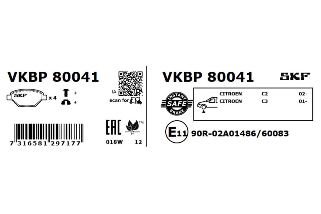 Jogo de 4 pastilhas de travão SKF ref. VKBP 80041